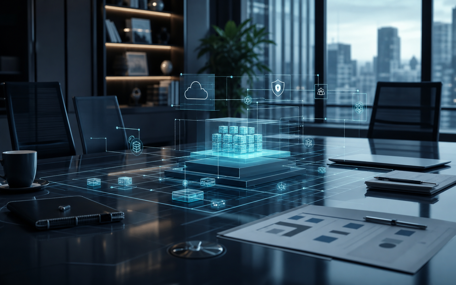 Enterprise architecture advisory workspace with connected cloud, data and security decisions